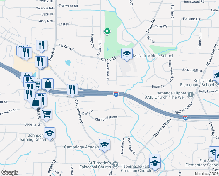map of restaurants, bars, coffee shops, grocery stores, and more near 2476 Parkland Drive in Decatur