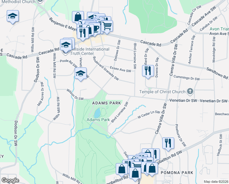 map of restaurants, bars, coffee shops, grocery stores, and more near 2211 Venetian Drive Southwest in Atlanta