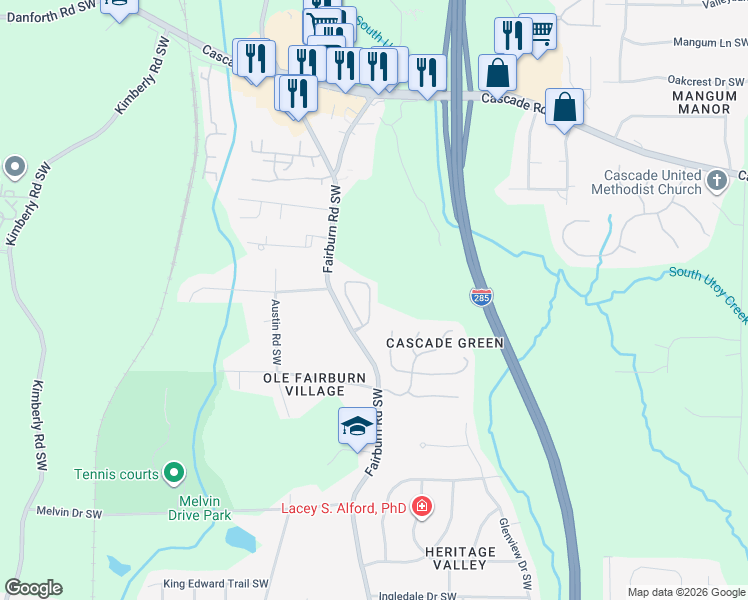 map of restaurants, bars, coffee shops, grocery stores, and more near 1600 Suttles Drive Southwest in Atlanta