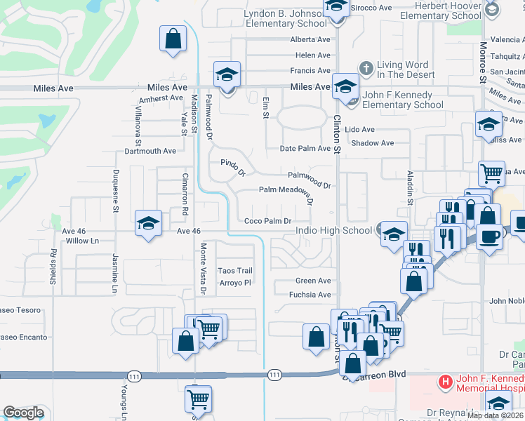 map of restaurants, bars, coffee shops, grocery stores, and more near 45882 Queen Palm Lane in Indio