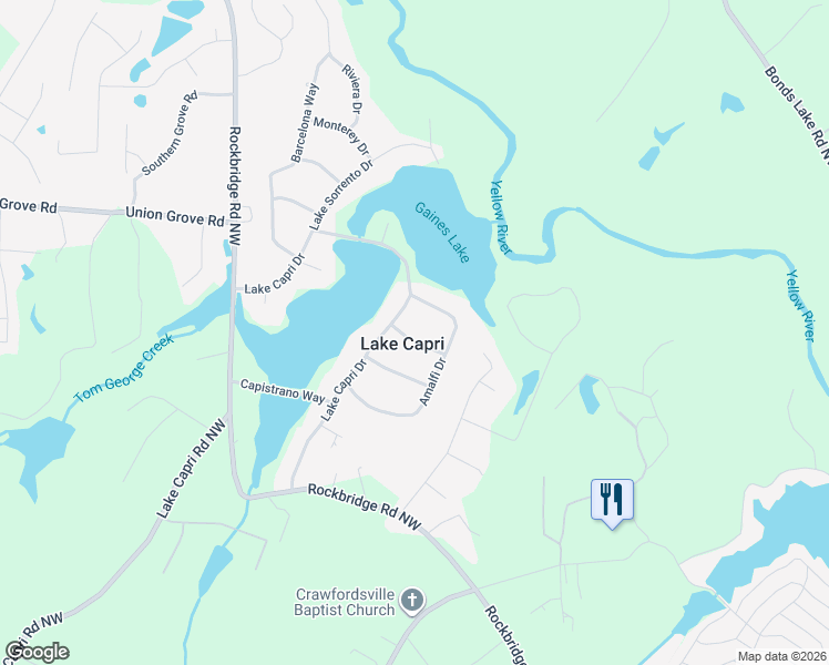 map of restaurants, bars, coffee shops, grocery stores, and more near 2540 Amalfi Drive in Conyers