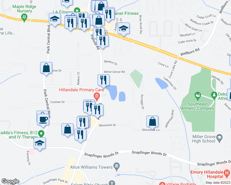 map of restaurants, bars, coffee shops, grocery stores, and more near 2468 Panola Road in Lithonia
