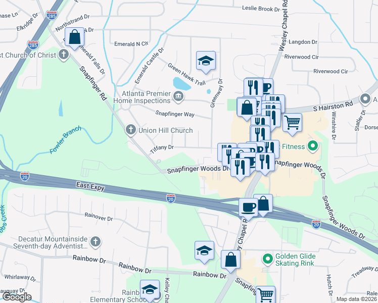 map of restaurants, bars, coffee shops, grocery stores, and more near 4105 Tiffany Drive in Decatur