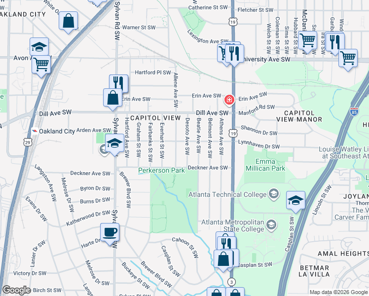 map of restaurants, bars, coffee shops, grocery stores, and more near 1433 Desoto Avenue Southwest in Atlanta
