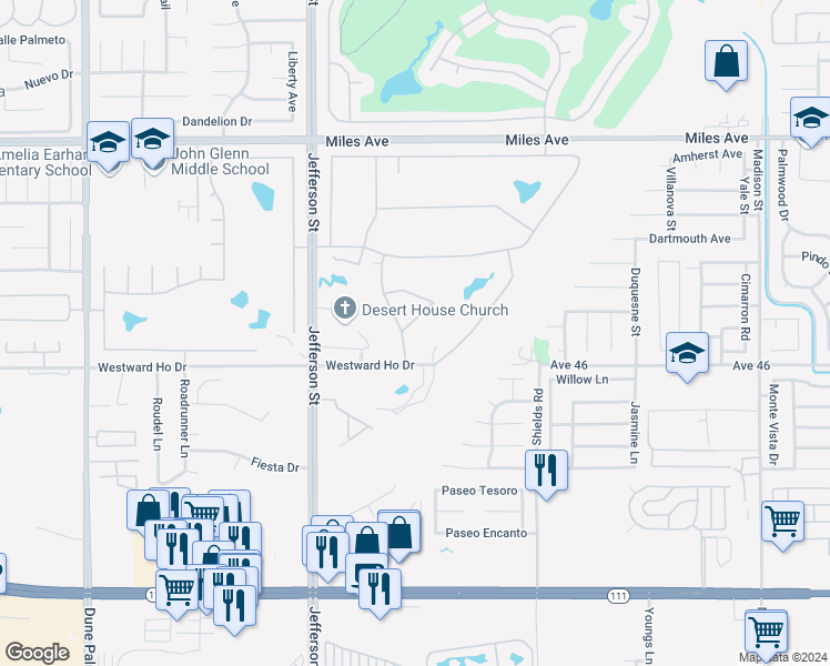 map of restaurants, bars, coffee shops, grocery stores, and more near 80219 Spanish Bay Drive in Indio