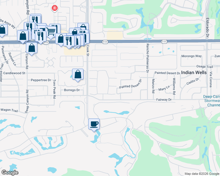 map of restaurants, bars, coffee shops, grocery stores, and more near 75173 Concho Drive in Indian Wells