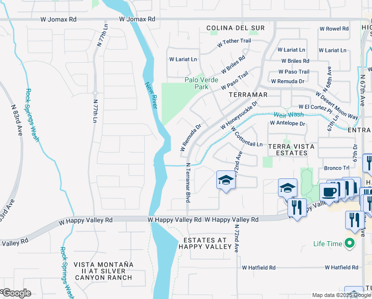 map of restaurants, bars, coffee shops, grocery stores, and more near 7481 West Remuda Drive in Peoria