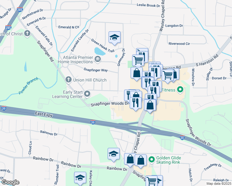 map of restaurants, bars, coffee shops, grocery stores, and more near 4137 Tiffany Drive in Decatur