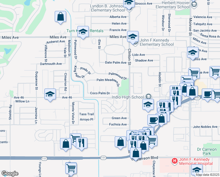 map of restaurants, bars, coffee shops, grocery stores, and more near 45881 Paradise Palm Lane in Indio