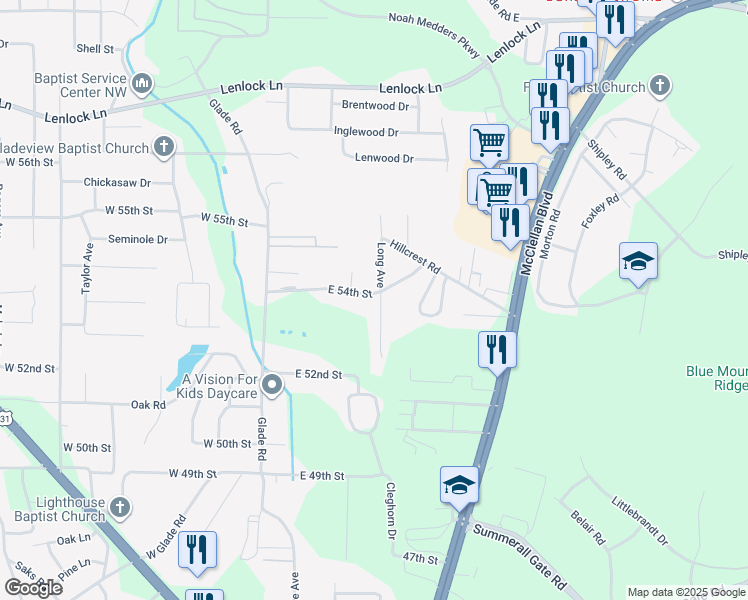map of restaurants, bars, coffee shops, grocery stores, and more near 5328 Long Avenue in Anniston