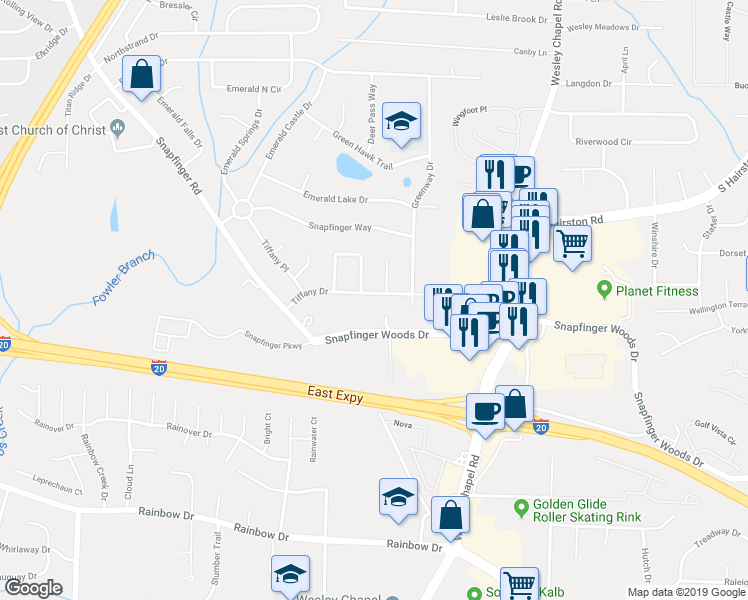 map of restaurants, bars, coffee shops, grocery stores, and more near 4105 Tiffany Drive in Decatur