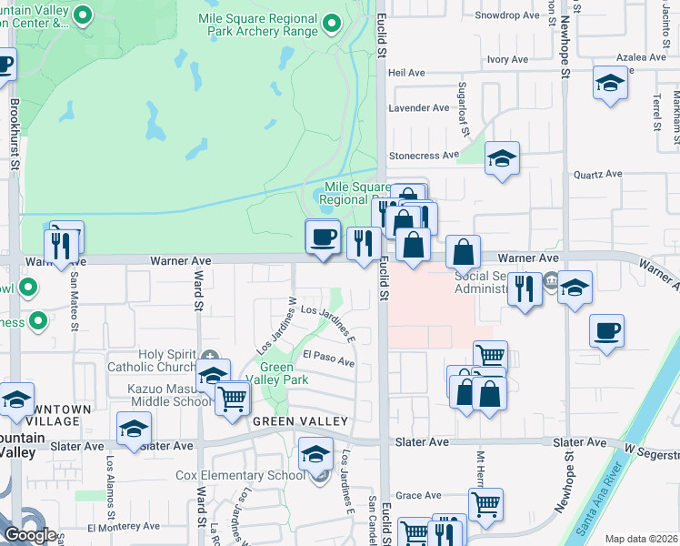 map of restaurants, bars, coffee shops, grocery stores, and more near 10900 Warner Avenue in Fountain Valley