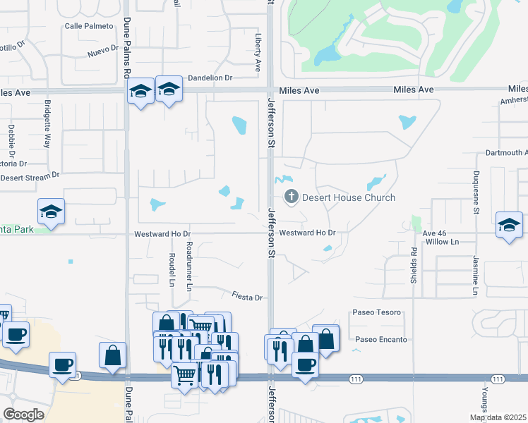 map of restaurants, bars, coffee shops, grocery stores, and more near 45846 Big Canyon Street in Indio