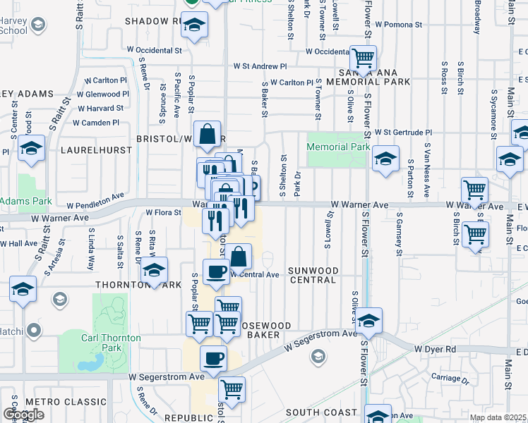 map of restaurants, bars, coffee shops, grocery stores, and more near 1120 W Warner Ave in Santa Ana