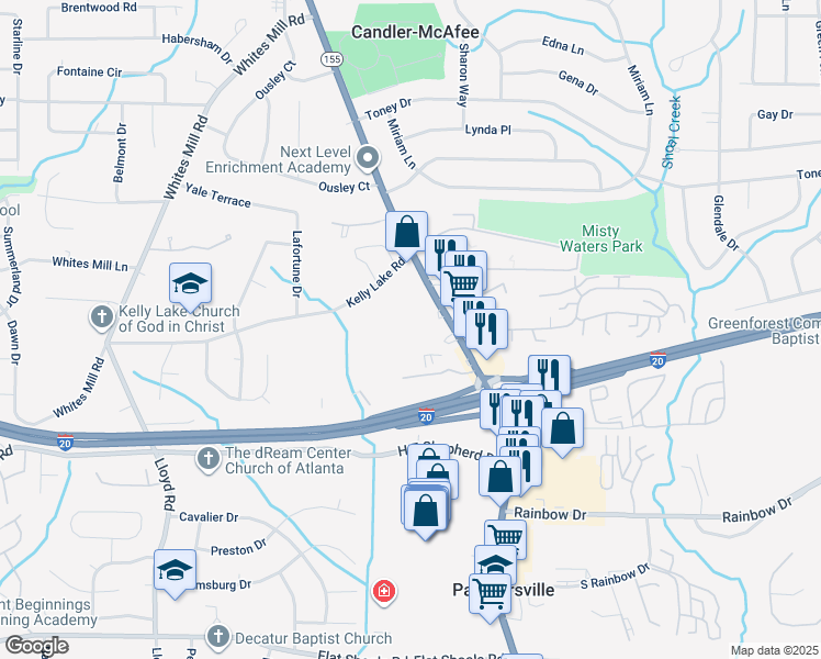 map of restaurants, bars, coffee shops, grocery stores, and more near 2537 Candler Road in Decatur