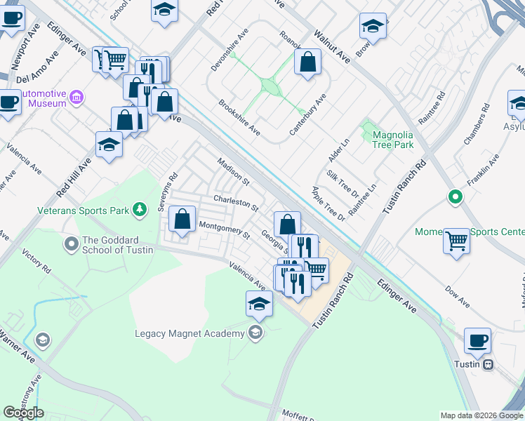 map of restaurants, bars, coffee shops, grocery stores, and more near 15216 Davenport Street in Tustin