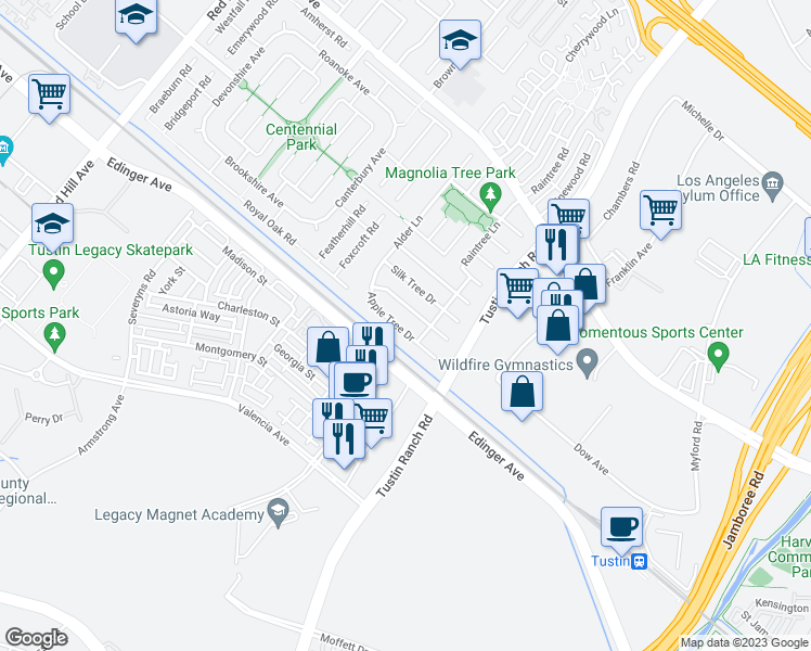 map of restaurants, bars, coffee shops, grocery stores, and more near 2281 Apple Tree Drive in Tustin