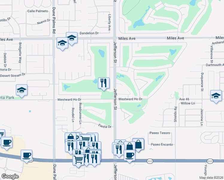 map of restaurants, bars, coffee shops, grocery stores, and more near 45846 Big Canyon Street in Indio