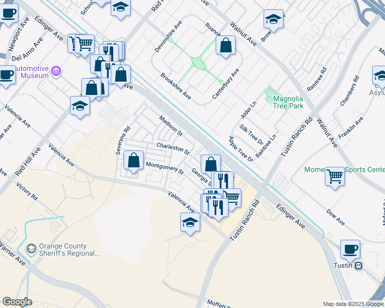 map of restaurants, bars, coffee shops, grocery stores, and more near 15216 Davenport Street in Tustin