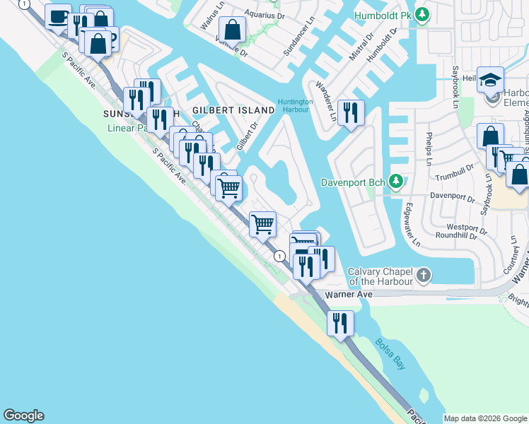 map of restaurants, bars, coffee shops, grocery stores, and more near 16922 Pacific Coast Highway in Huntington Beach