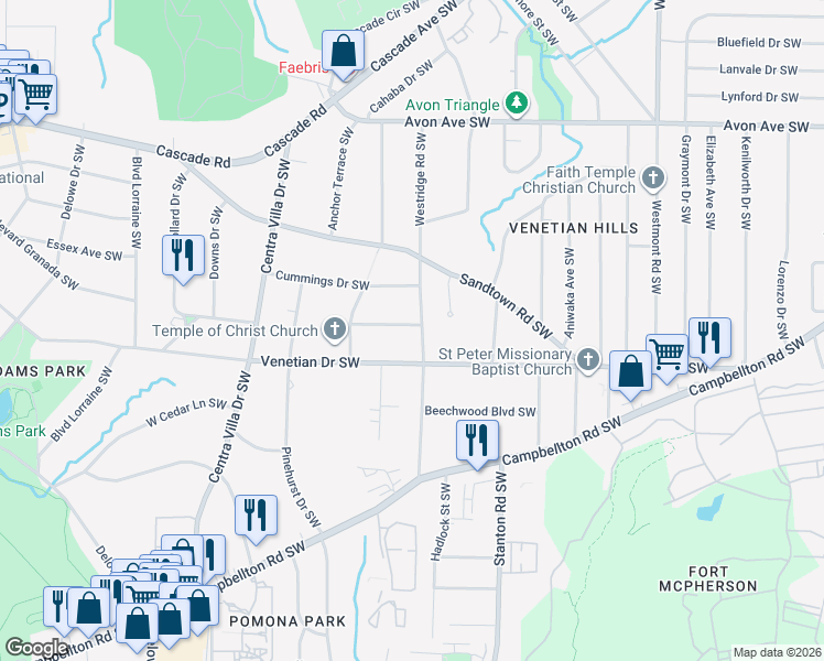 map of restaurants, bars, coffee shops, grocery stores, and more near 1467 Westridge Road Southwest in Atlanta