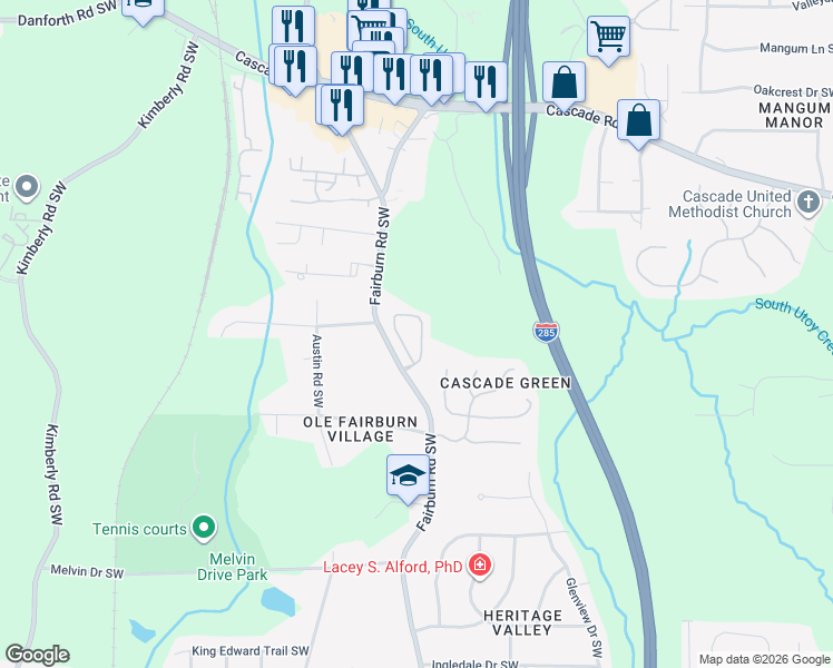 map of restaurants, bars, coffee shops, grocery stores, and more near 2700 Suttles Drive Southwest in Atlanta