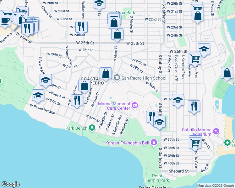 map of restaurants, bars, coffee shops, grocery stores, and more near 3200 South Alma Street in Los Angeles