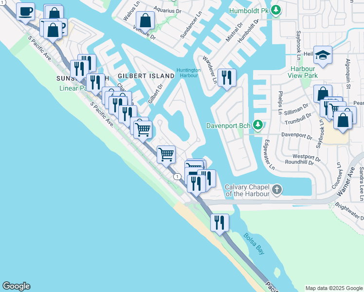 map of restaurants, bars, coffee shops, grocery stores, and more near 16992 Marina Bay Drive in Huntington Beach