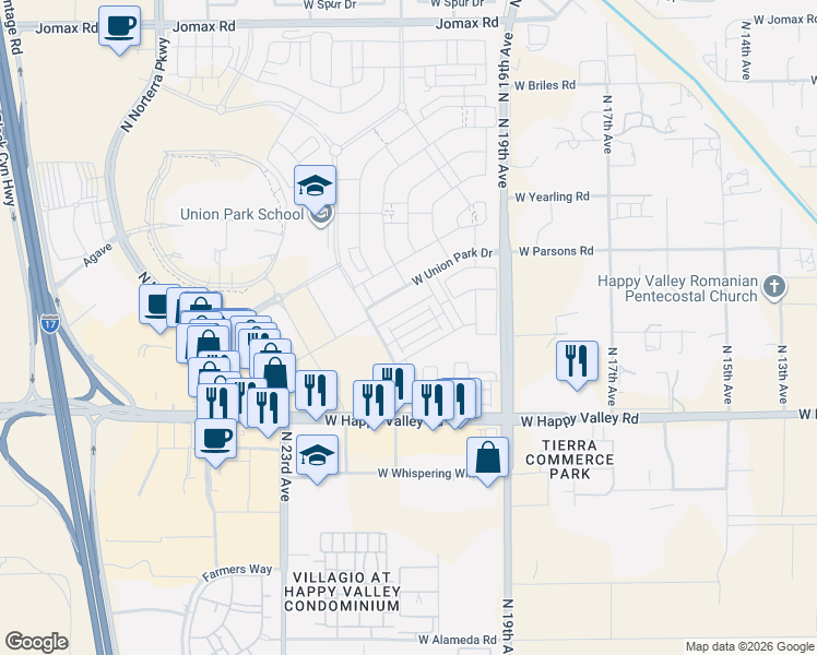 map of restaurants, bars, coffee shops, grocery stores, and more near 2051 West Desert Hollow Drive in Phoenix