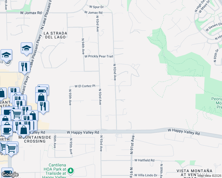 map of restaurants, bars, coffee shops, grocery stores, and more near 25345 North 93rd Avenue in Peoria