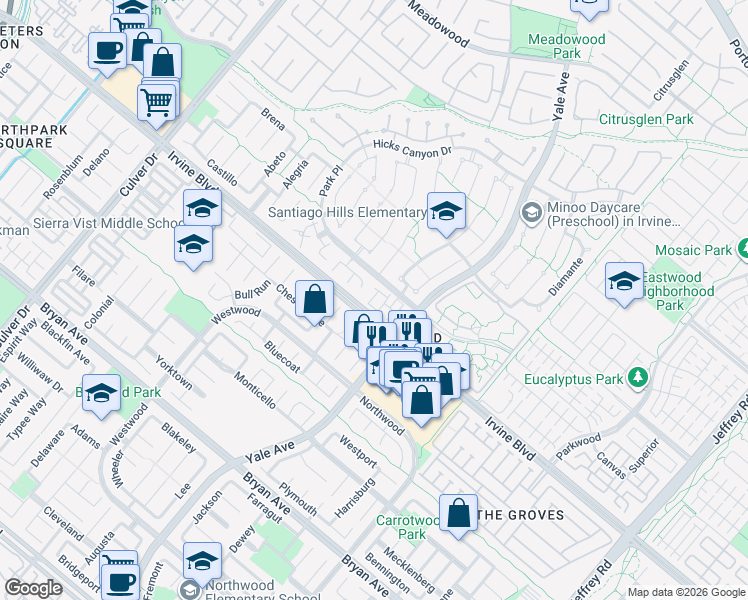 map of restaurants, bars, coffee shops, grocery stores, and more near 34 Christamon South in Irvine