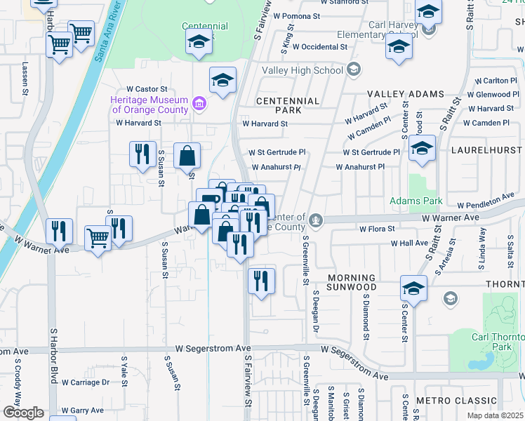map of restaurants, bars, coffee shops, grocery stores, and more near 2841 West Warner Avenue in Santa Ana