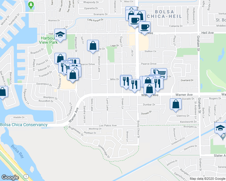 map of restaurants, bars, coffee shops, grocery stores, and more near 16982 Lynn Lane in Huntington Beach