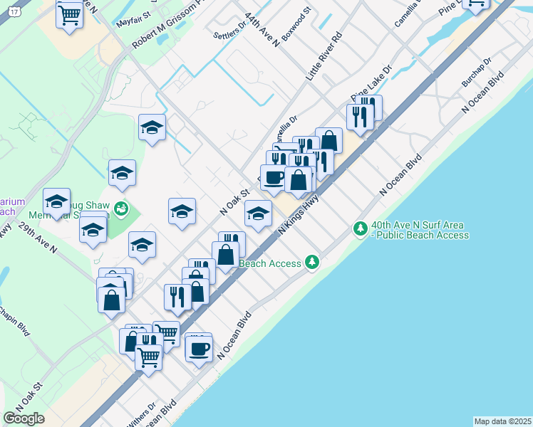 map of restaurants, bars, coffee shops, grocery stores, and more near 505 37th Avenue North in Myrtle Beach