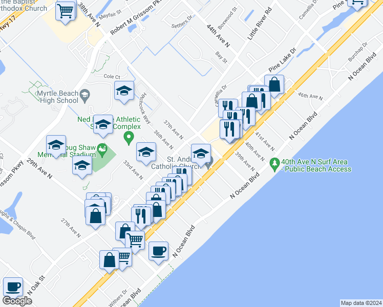 map of restaurants, bars, coffee shops, grocery stores, and more near 514 36th Avenue North in Myrtle Beach