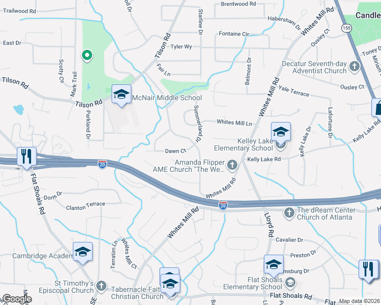 map of restaurants, bars, coffee shops, grocery stores, and more near 2553 Dawn Drive in Decatur