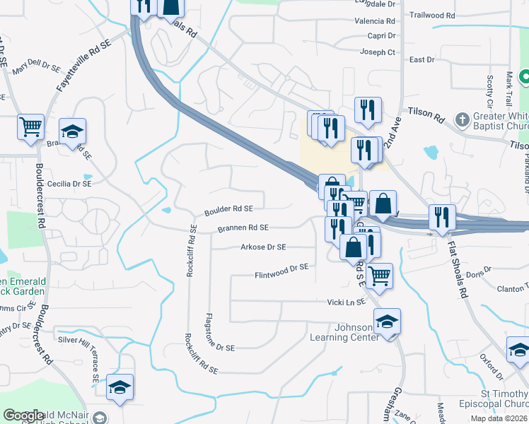 map of restaurants, bars, coffee shops, grocery stores, and more near 2170 Brannen Road Southeast in Atlanta