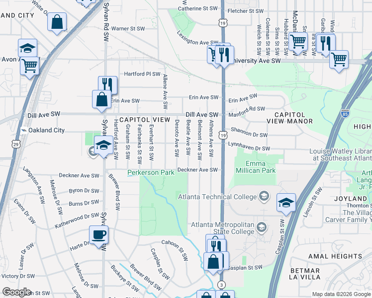 map of restaurants, bars, coffee shops, grocery stores, and more near 1439 Beatie Avenue Southwest in Atlanta