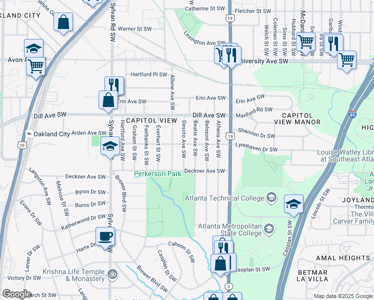 map of restaurants, bars, coffee shops, grocery stores, and more near 1439 Beatie Avenue Southwest in Atlanta