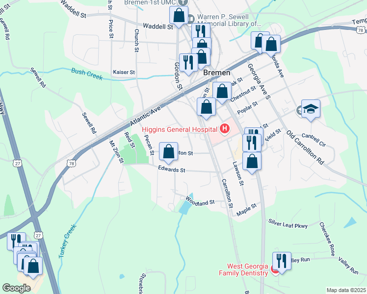 map of restaurants, bars, coffee shops, grocery stores, and more near 205 Clinton Street in Bremen