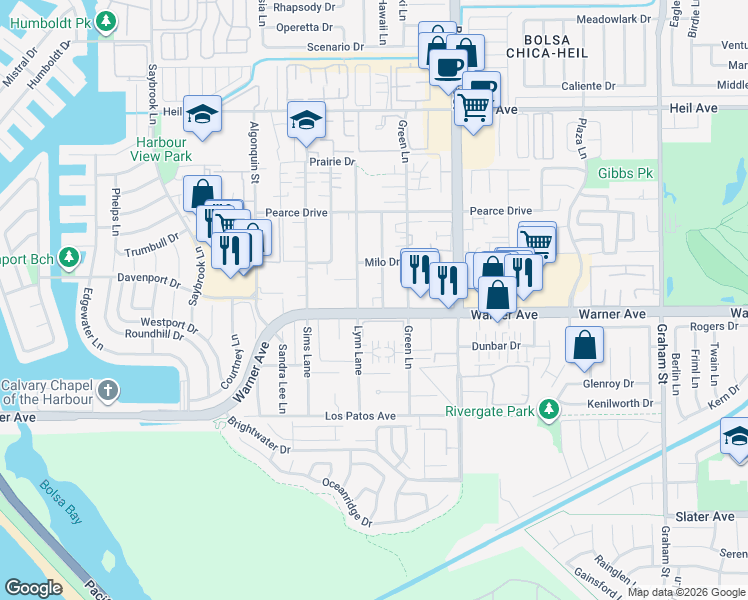 map of restaurants, bars, coffee shops, grocery stores, and more near 16951 Hoskins Lane in Huntington Beach