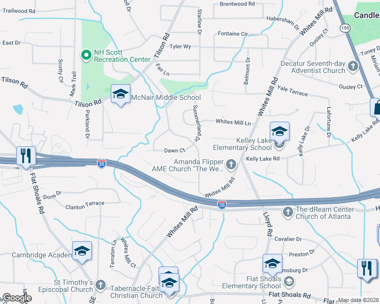 map of restaurants, bars, coffee shops, grocery stores, and more near 2553 Dawn Drive in Decatur