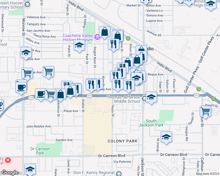 map of restaurants, bars, coffee shops, grocery stores, and more near 45895 Oasis Street in Indio