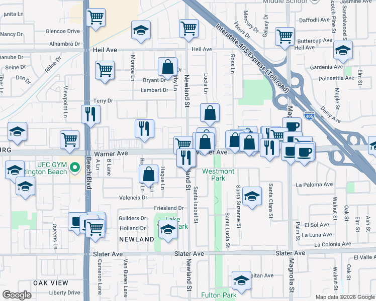 map of restaurants, bars, coffee shops, grocery stores, and more near Warner Ave & Newland St in Huntington Beach
