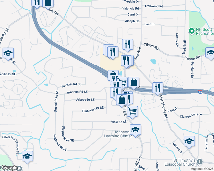map of restaurants, bars, coffee shops, grocery stores, and more near 2236 Brannen Road Southeast in Atlanta