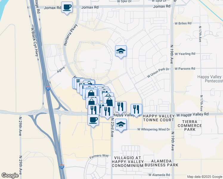 map of restaurants, bars, coffee shops, grocery stores, and more near 25300 North 22nd Lane in Phoenix