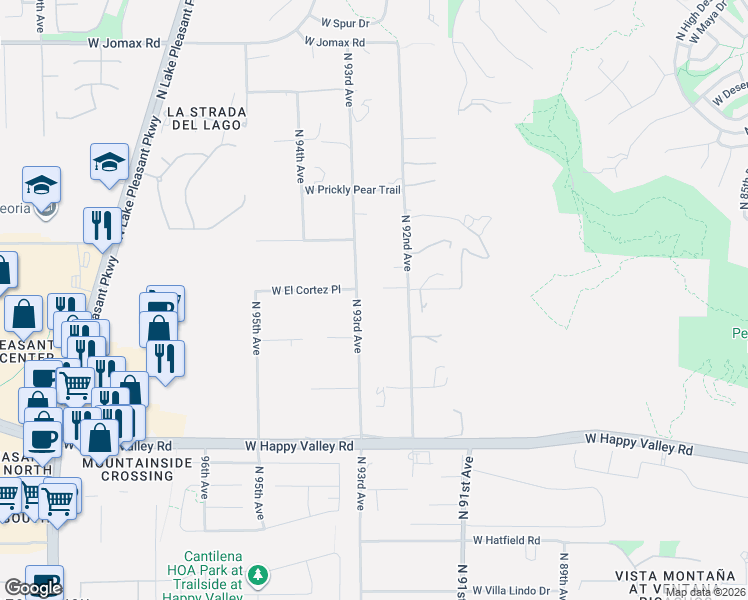 map of restaurants, bars, coffee shops, grocery stores, and more near 25345 North 93rd Avenue in Peoria
