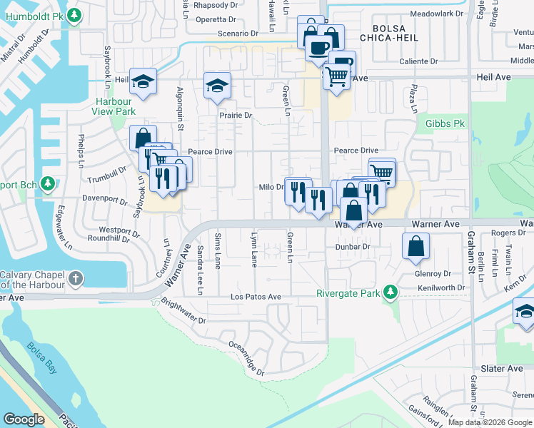 map of restaurants, bars, coffee shops, grocery stores, and more near in Huntington Beach
