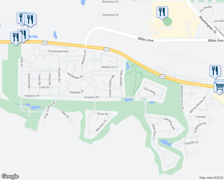 map of restaurants, bars, coffee shops, grocery stores, and more near 77327 Chocolate Mountain Road in Indian Wells
