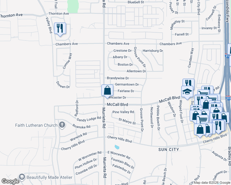 map of restaurants, bars, coffee shops, grocery stores, and more near 26095 Fairlane Drive in Menifee